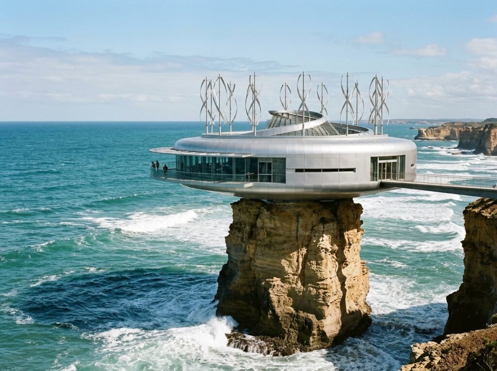 A circular silver hotel sits on a narrow sandstone rock formation surrounded by ocean, with a ring-shaped lounge extending beyond the rock and a spiral wind garden on the roof.