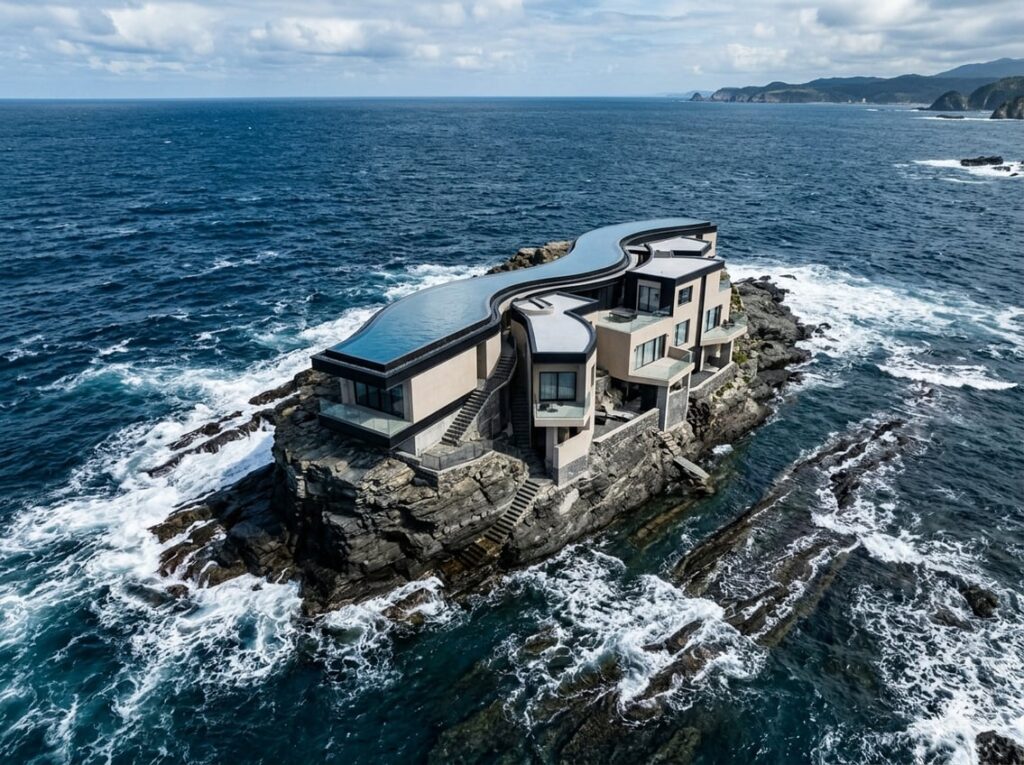 A minimalist hotel with black steel and pale plaster rooms on a flat rocky outcrop surrounded by dark blue sea, featuring a curved rooftop pool and white waves breaking around the rock.