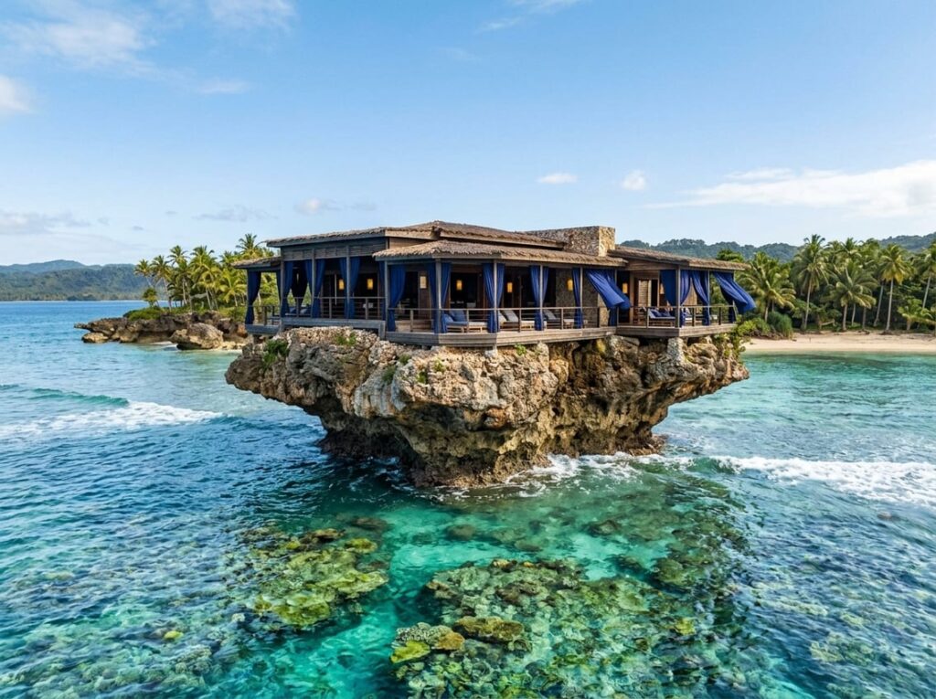 A low-profile hotel with deep blue fabrics on shaded verandas atop a mushroom-shaped coral sea stack surrounded by clear reef flats and gentle aquamarine ocean waves.