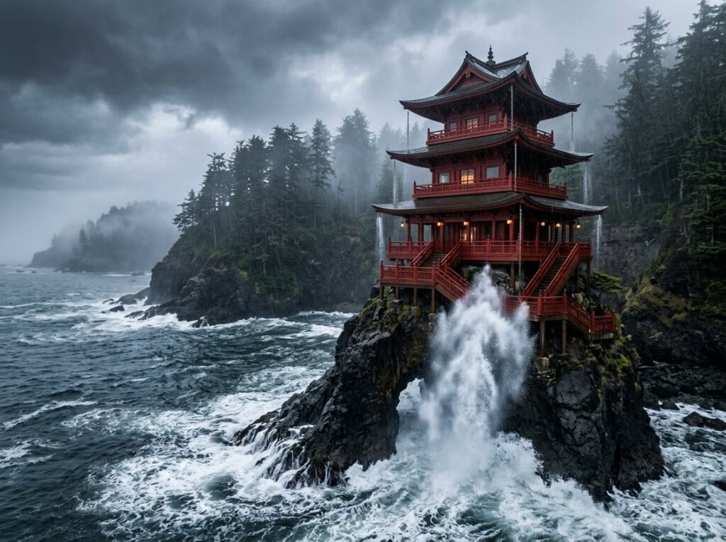 A crimson pagoda hotel sits on a dark rocky sea stack surrounded by ocean waves and tall cedar trees along a misty coastline, with white sea spray rising through an opening in the building.