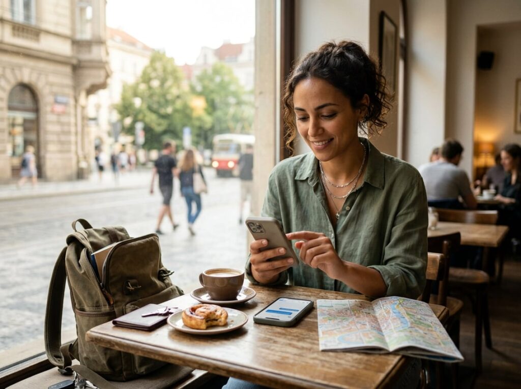 A traveler sends a check-in message on a phone while sitting at a café table with a travel bag nearby.