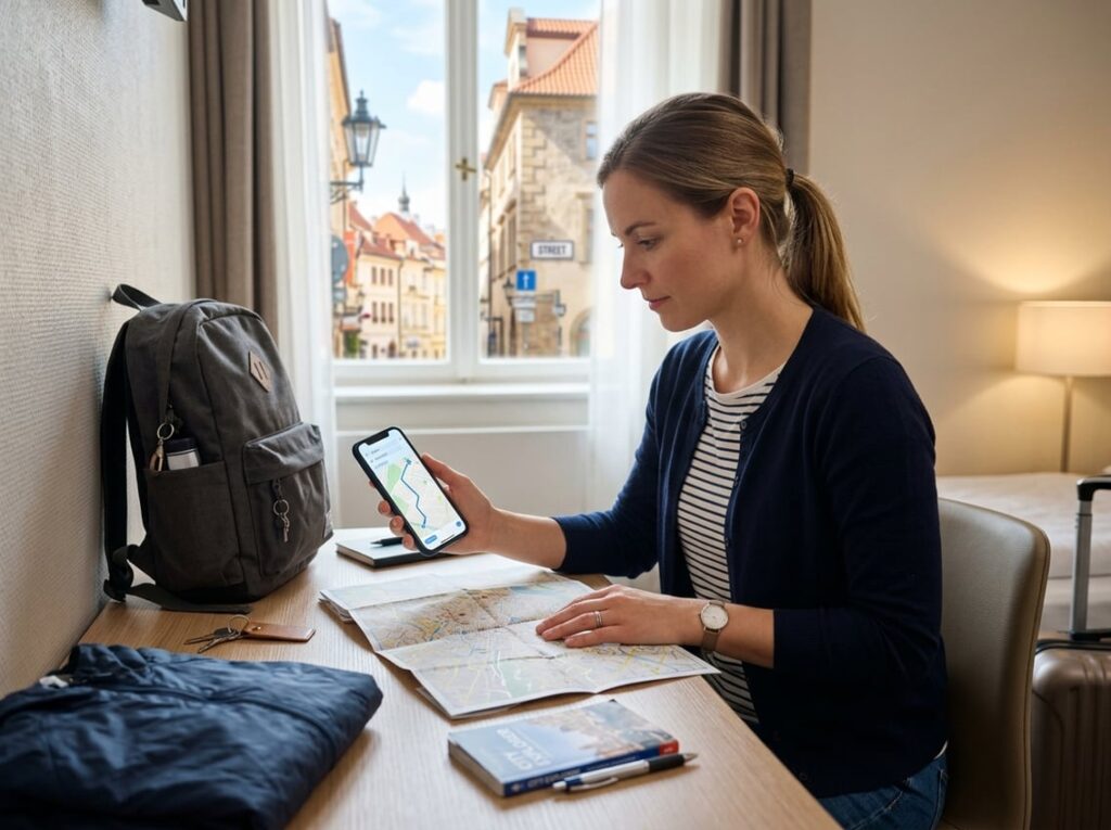 A traveler checks a route on a smartphone beside a daypack before leaving a hotel room.