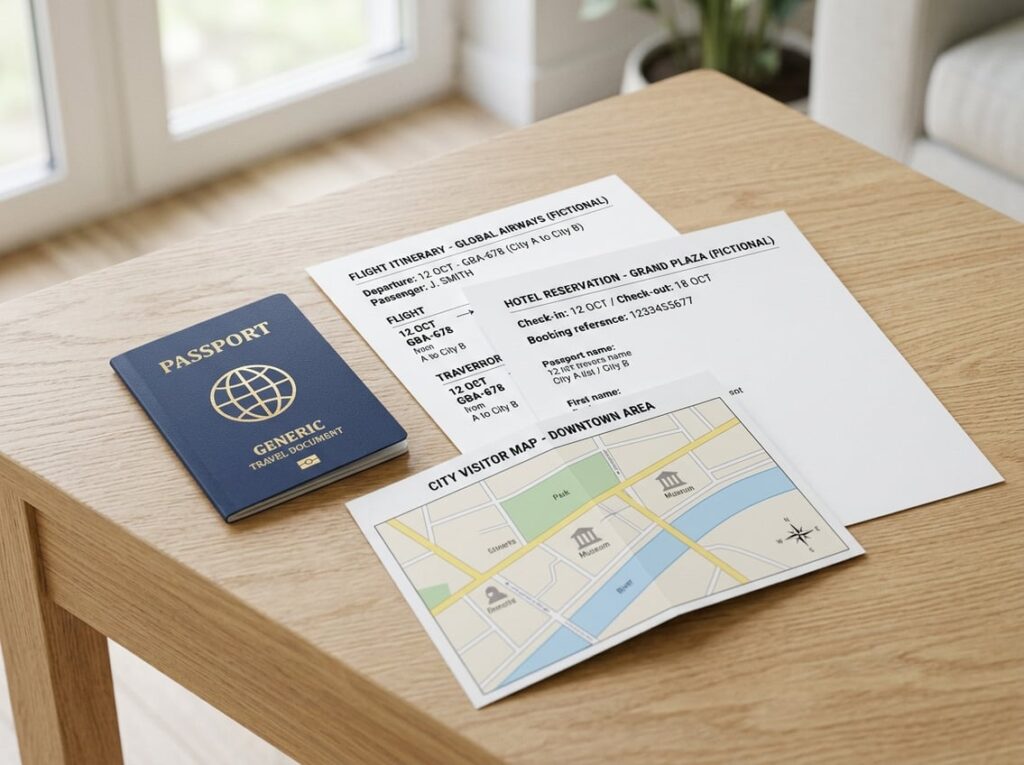 Travel documents arranged on a table.