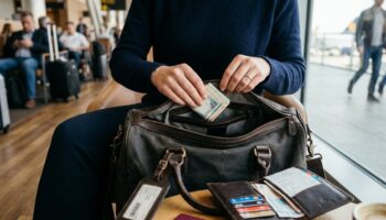 A traveler stores folded cash in a separate compartment of a carry-on bag beside an open wallet.