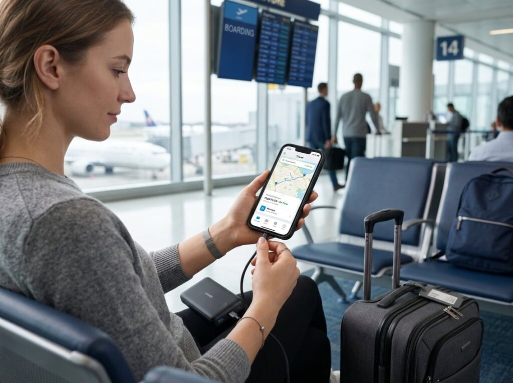 A traveler connects a smartphone to a portable power bank at a station.