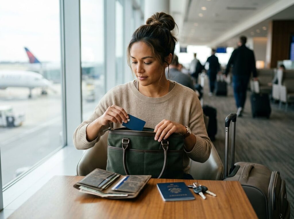 A traveler stores a backup payment card in a separate pocket of a travel bag beside an open wallet and passport.