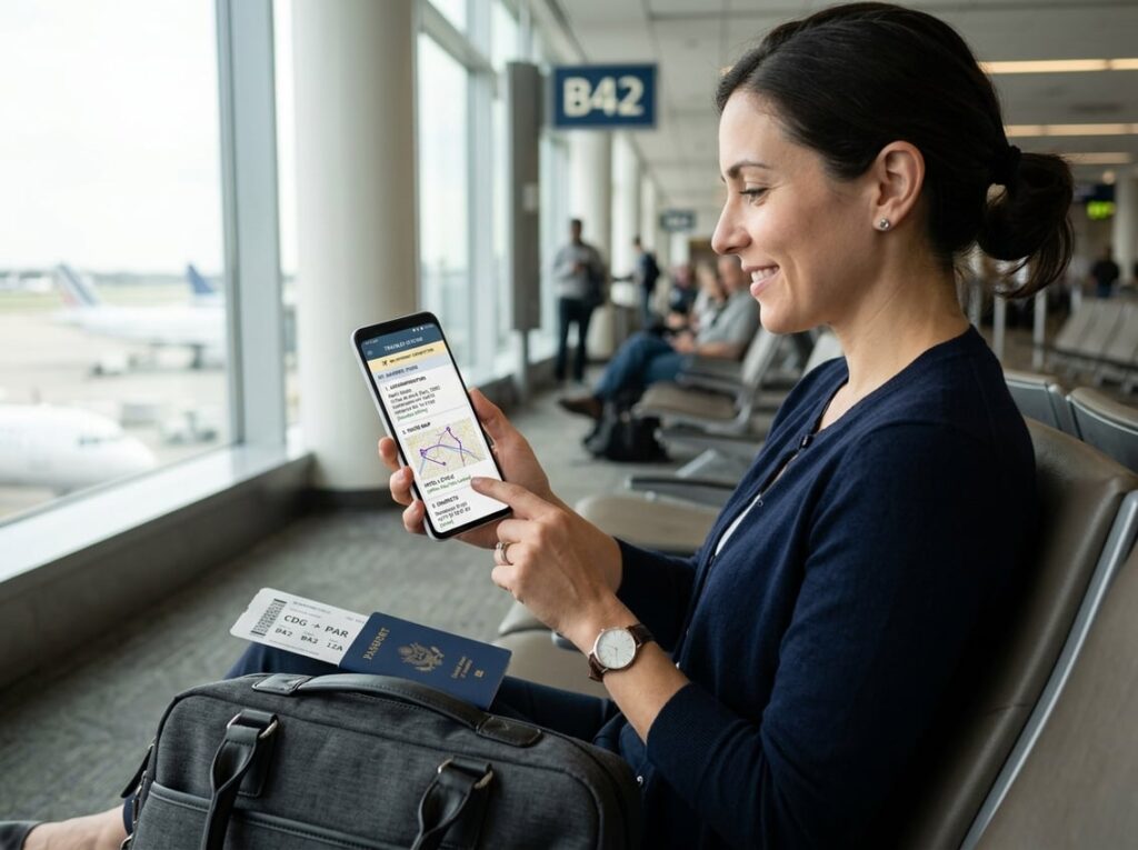 A traveler checks saved bookings, a map, addresses, and contacts on a phone at an airport.