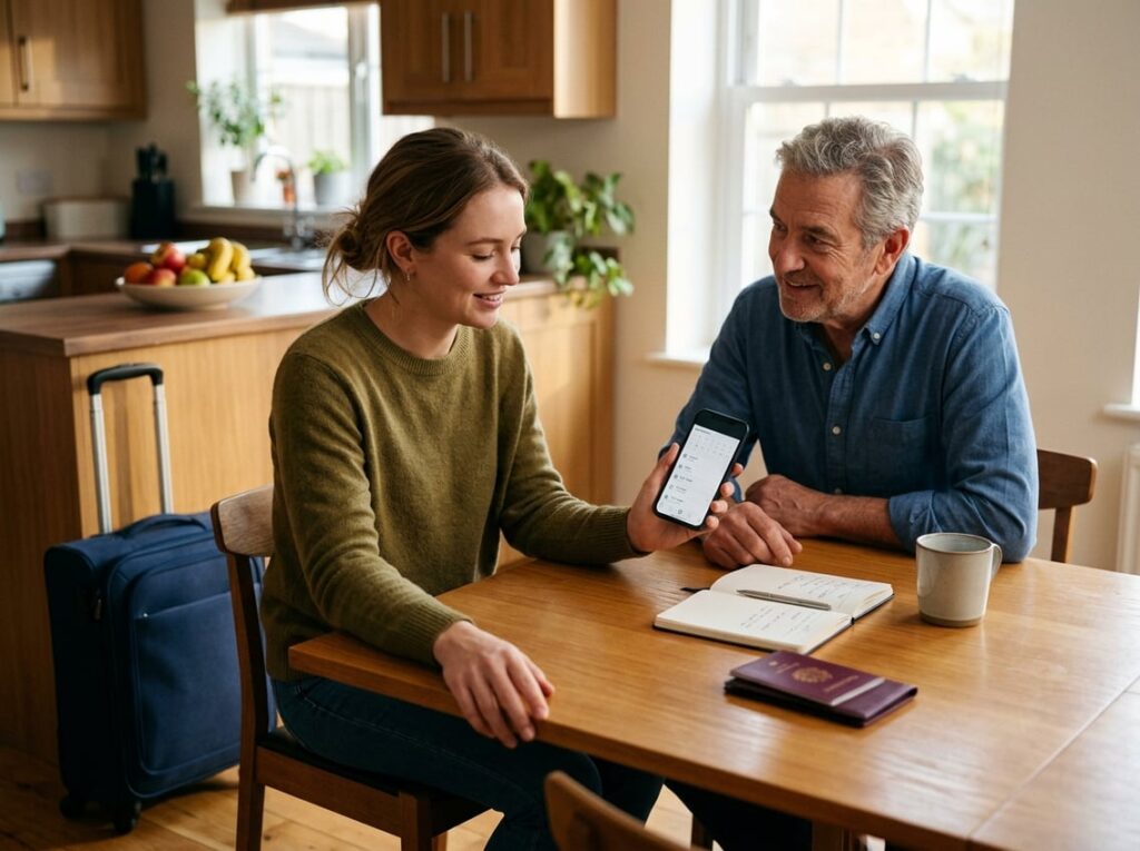 A traveler shares a trip itinerary on a phone with a trusted person at a kitchen table.