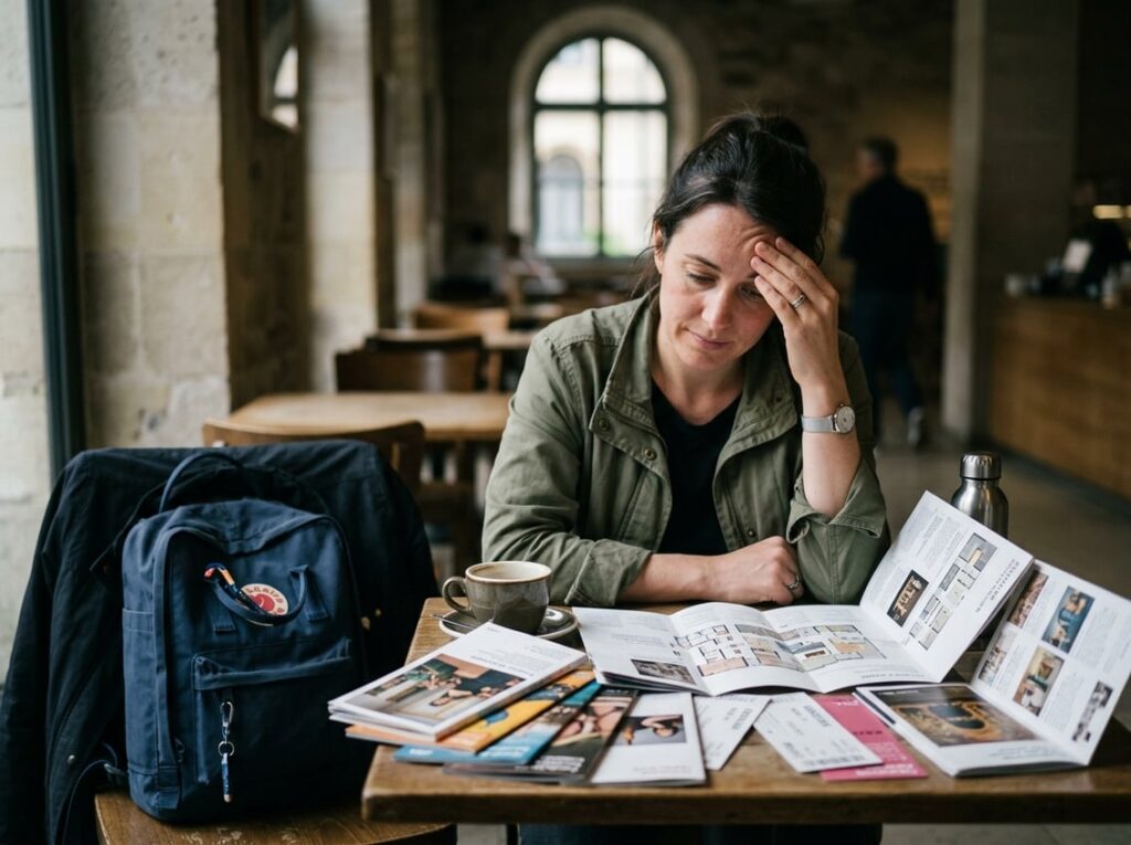 A tired traveler sits among museum brochures, maps, and admission tickets.