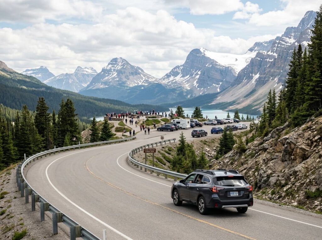 A car approaches a busy mountain lookout overlooking a wide valley and distant peaks.