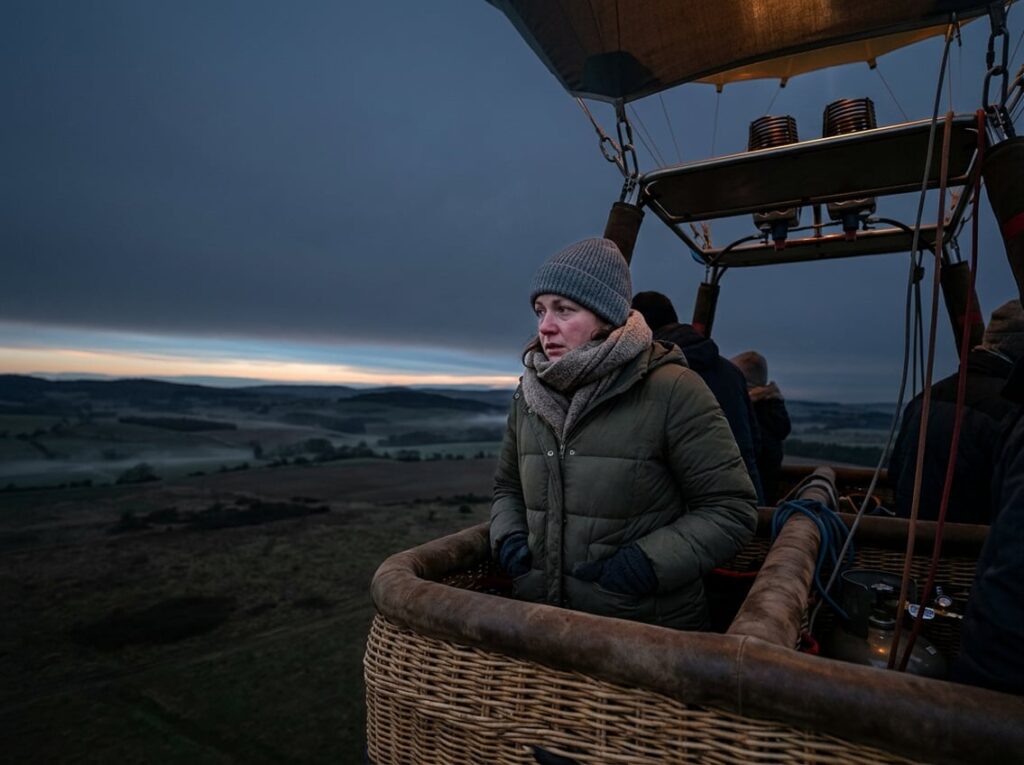 A bundled-up traveler stands in a hot-air balloon basket before sunrise, looking cold.