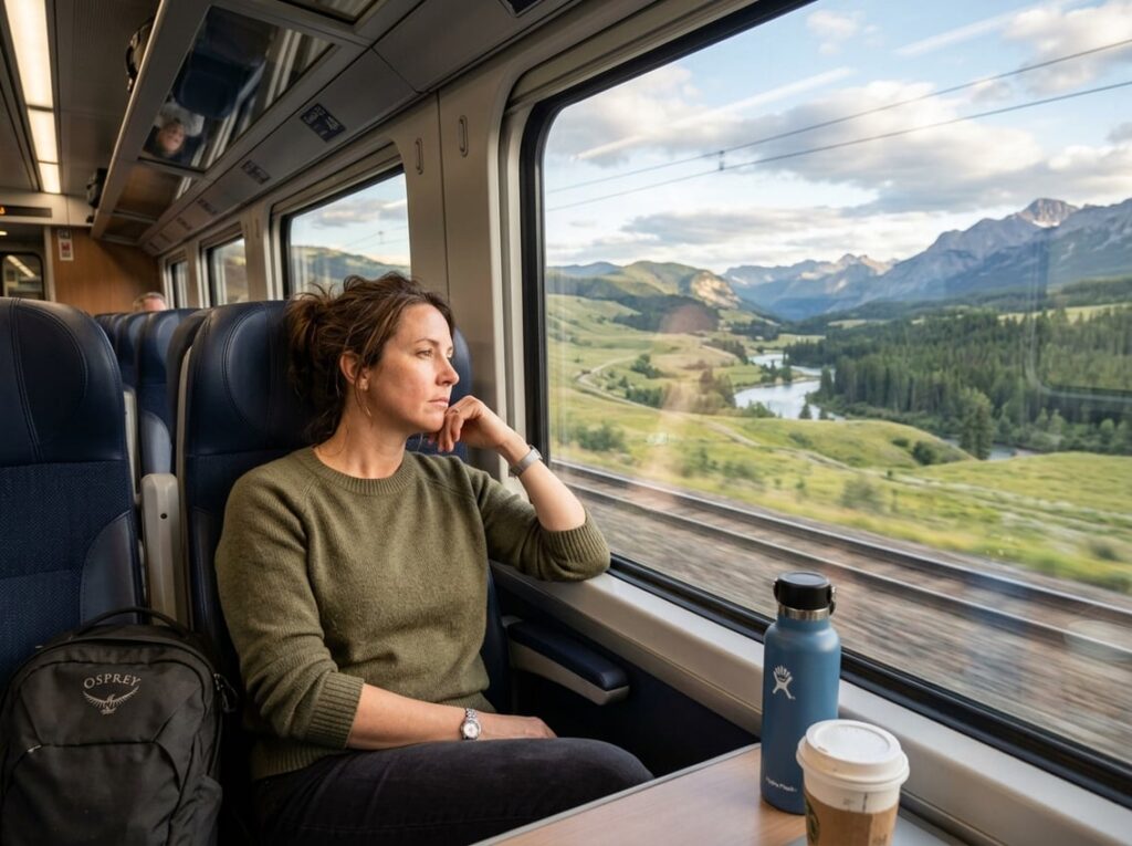 A tired passenger sits by a train window overlooking a mountain valley.