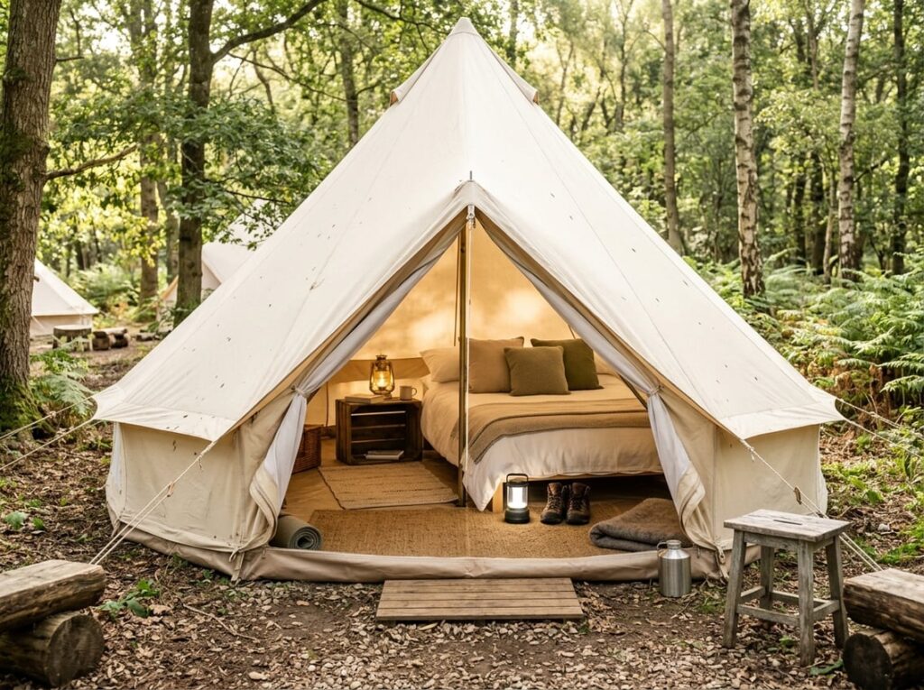 A furnished canvas tent at a campsite in a woodland clearing.