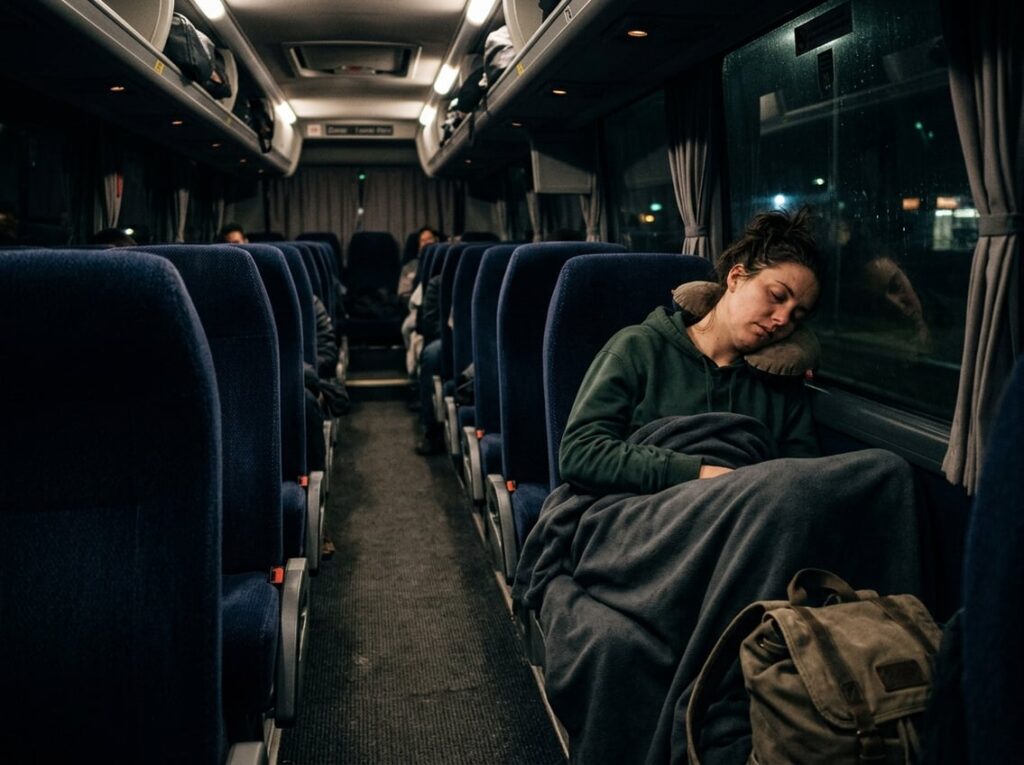 A tired passenger sleeps awkwardly in a reclined seat on a crowded overnight bus.