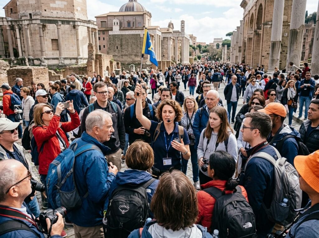 A large group of tourists crowds around a guide at a popular landmark.