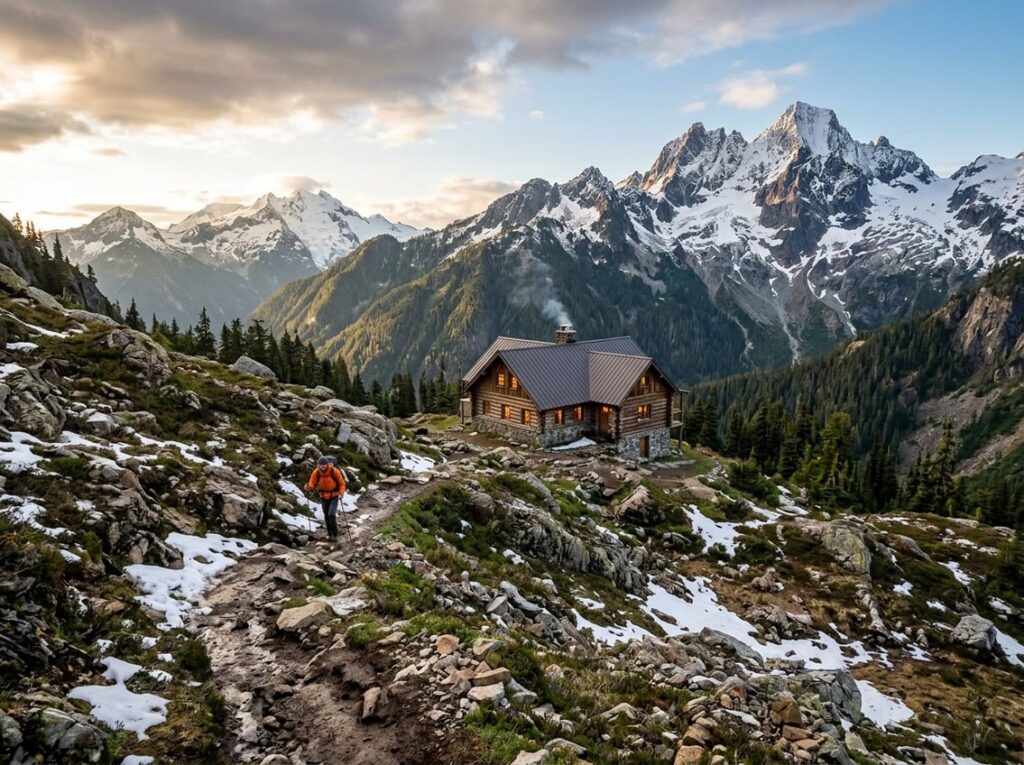 A remote wooden lodge sits among rugged, snow-covered mountains at the end of a winding trail.
