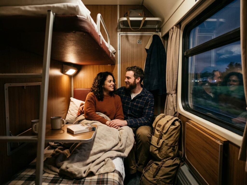 A couple sits close together in a small overnight train compartment with their luggage.
