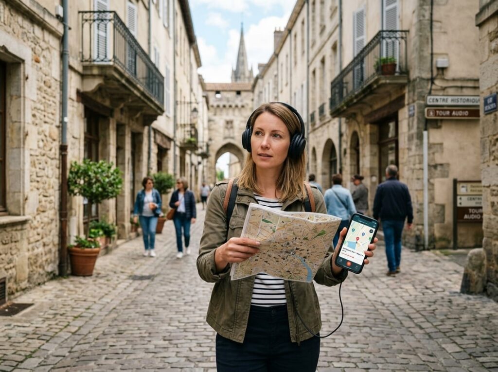 A traveler wearing headphones checks a map while using a phone on a historic city street.