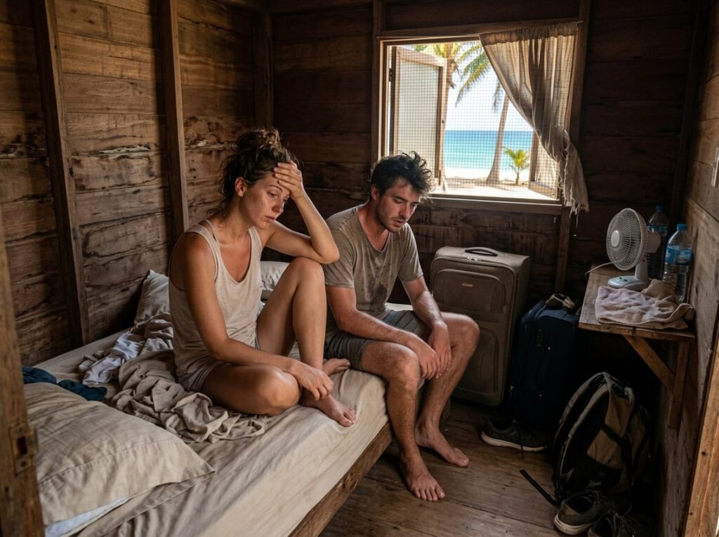 A tired couple sits on a narrow bed inside a cramped beach hut.