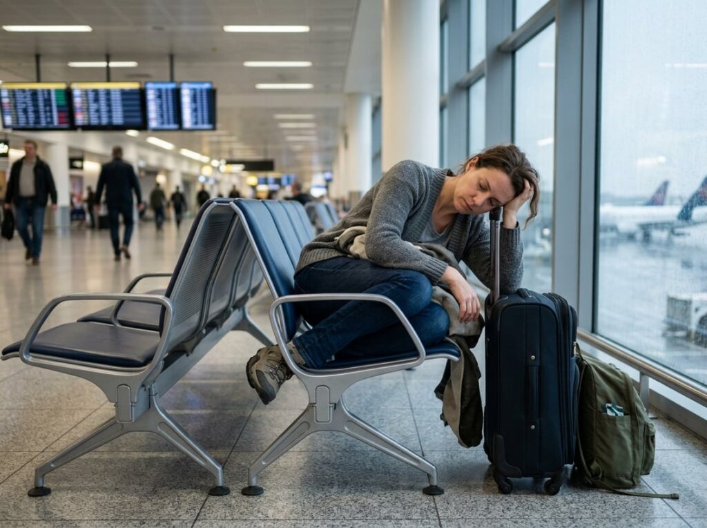 A tired traveler tries to sleep across airport seats with luggage beside them.