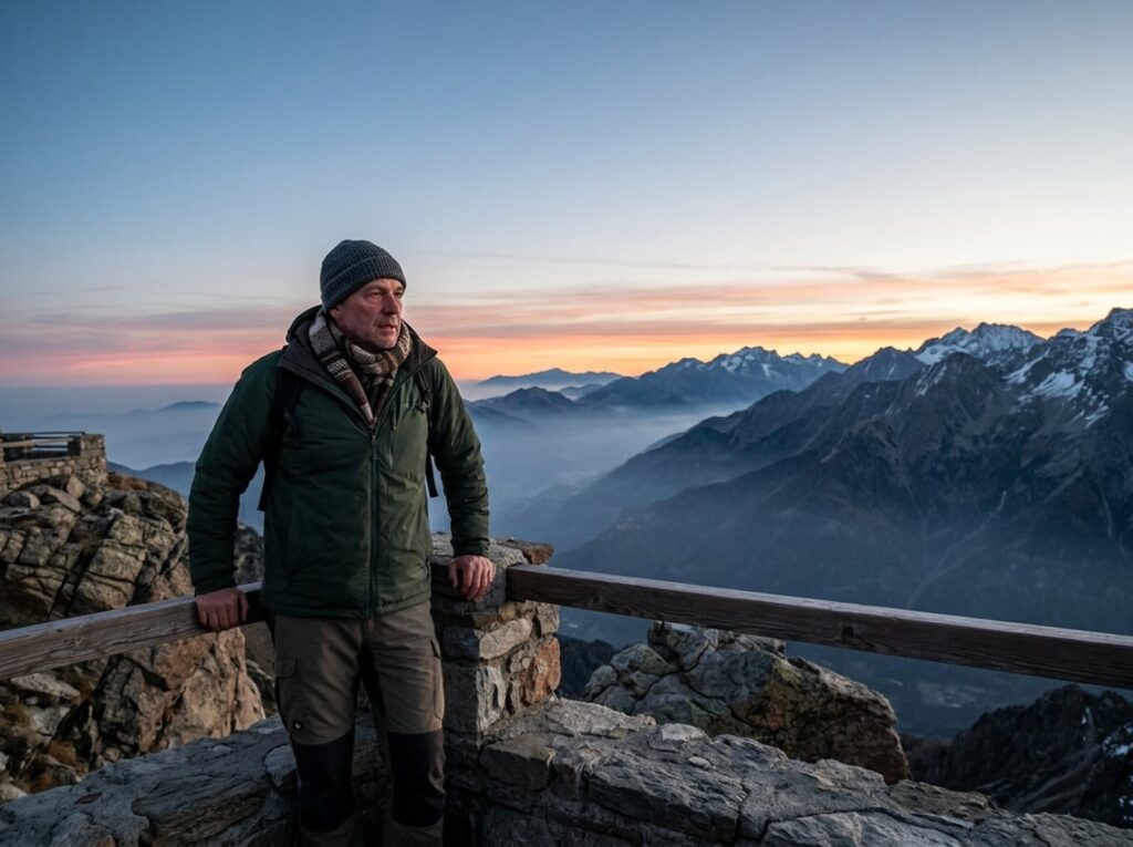 A tired traveler in warm layers watches the sun rise from a mountain viewpoint.