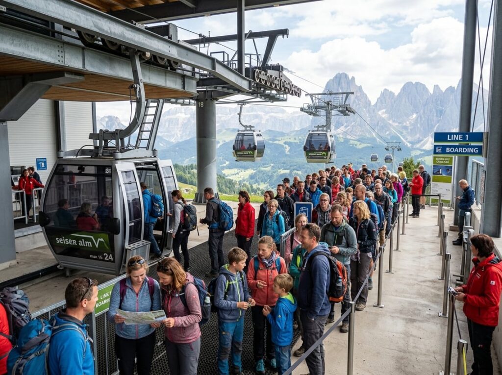 Tourists wait in a crowded queue as cable cars arrive at a scenic station.