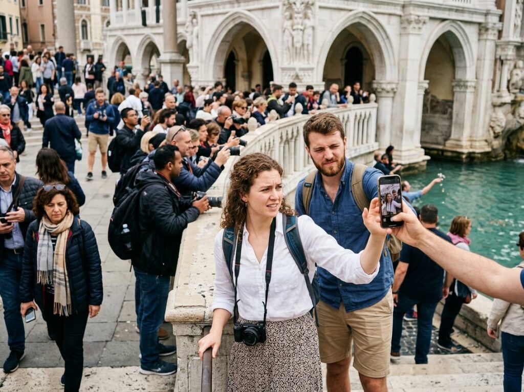 A tourist tries to copy a pose from a phone while visitors and photographers crowd around a landmark.