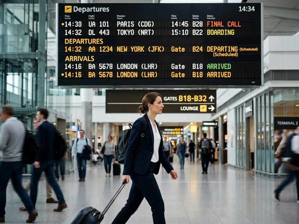 A traveler hurries through an airport beneath a departure board showing a short gap between two flights.
