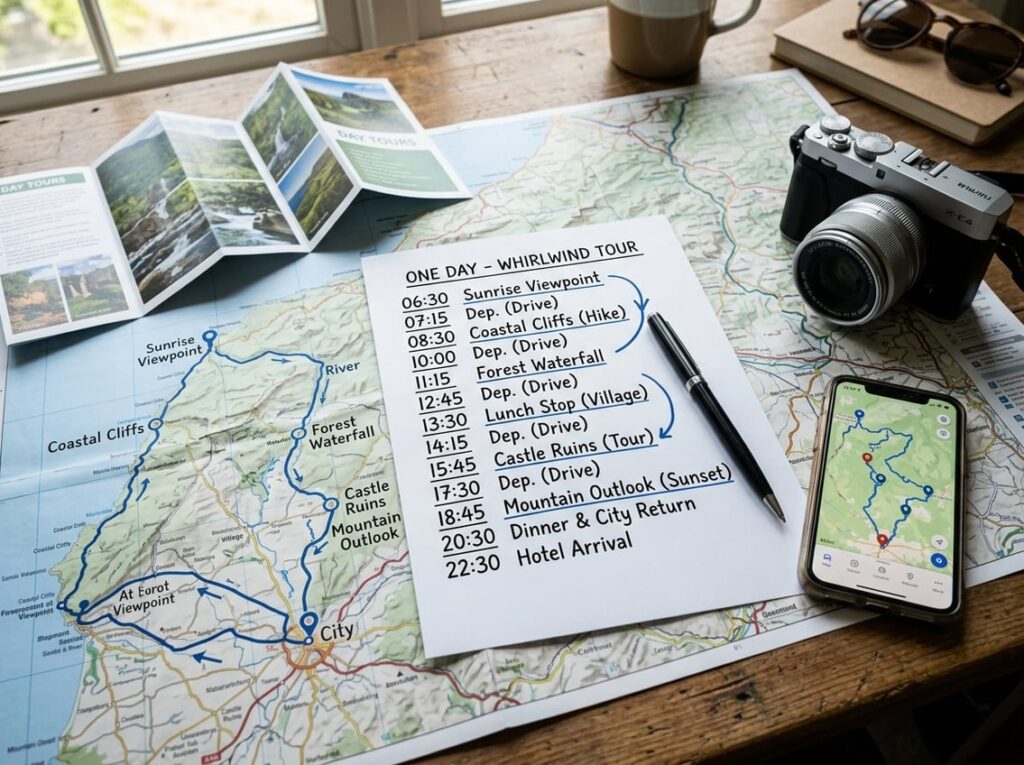A full-day tour itinerary and map show a route connecting several distant attractions.